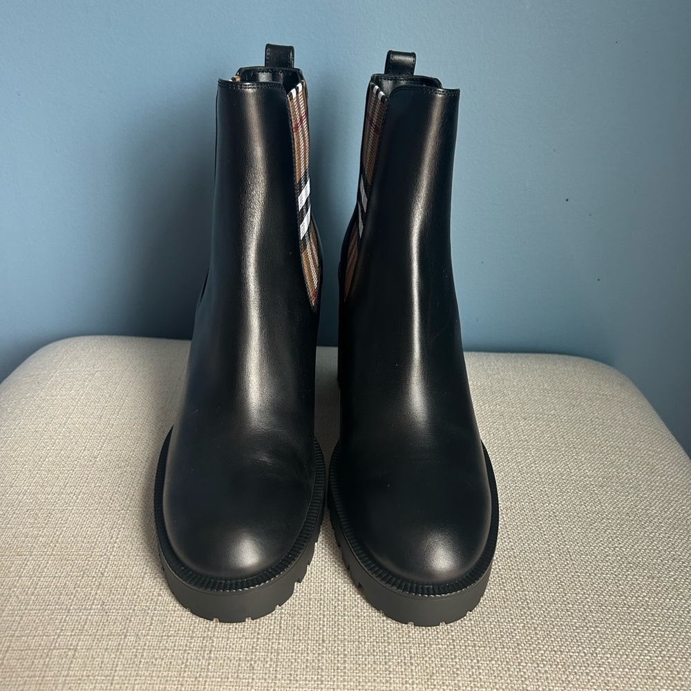 Burberry Check Panel Black Leather Ankle Boots - Picture 4 of 11